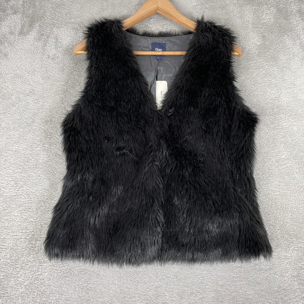 Gap Faux Fur Vest Womens Small Black Shaggy Glam Y2K Winter Layering